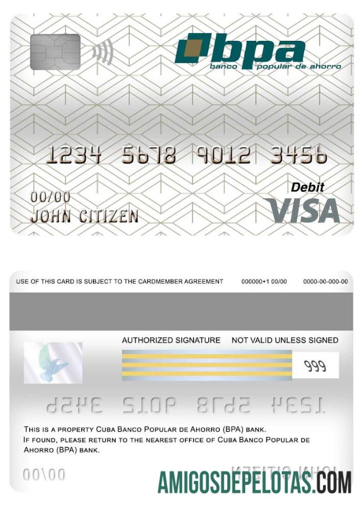 Cartão de débito Visa do banco Cuba Banco Popular De Ahorro (BPA) baixar para verificação